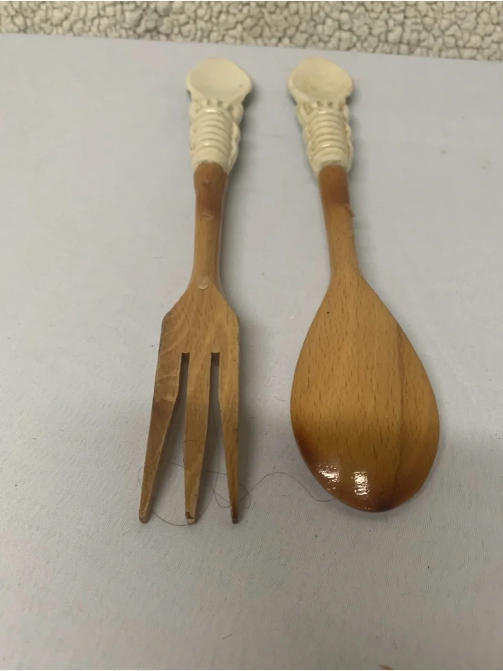 Hand-Painted Ceramic-Top Wooden Salad Fork and Spoon - Green Floral